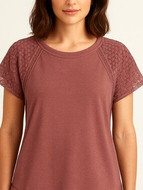 Womens Shein Curve Plus 2XL Pink Blush Solid Shirt Blouse Top Crochet Trim